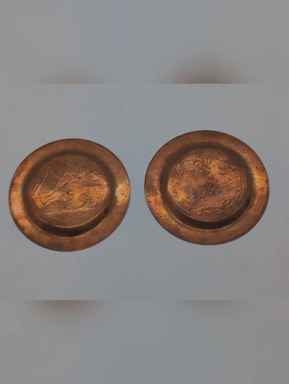 Vintage Egyptian Copper Coasters Small Plates Sphinx & Pyramids - Pair of 2